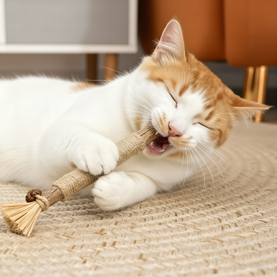 Gato mordiendo el palito de matatabi